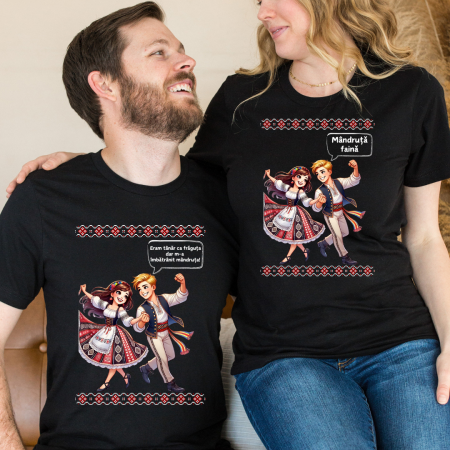 Set tricouri pentru cuplu personalizate cu imprimeu traditional  Mandruta faina VD24453