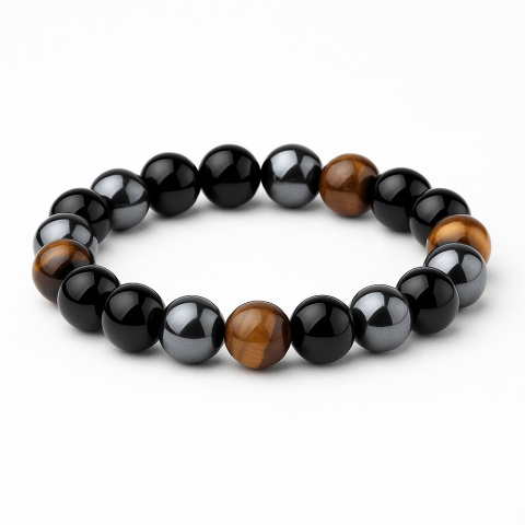 Cristale pe beneficii - Bratara cu tripla protectie din obsidian negru, ochi de tigru si hematit 10 mm - Bratara feng shui pentru protectie, noroc si prosperitate