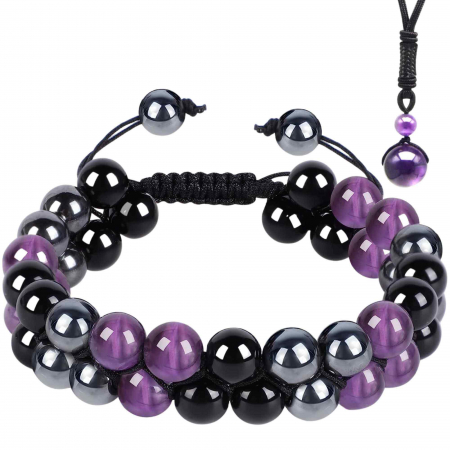 Cristale pe beneficii - Set colier si bratara cu tripla protectie cu cristale naturale lucrata manual pentru barbati si femei - Margele de 8 mm din hematit, obsidian negru si ametist - Protectie, noroc