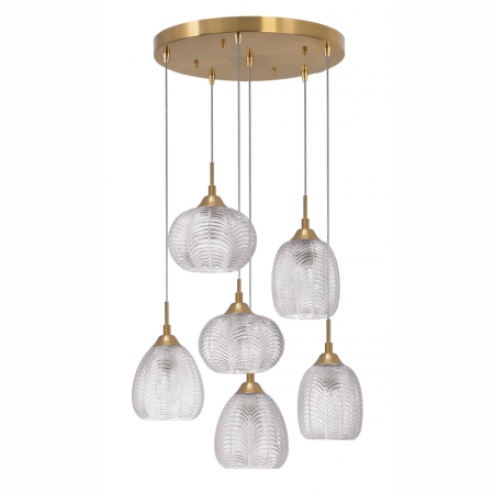 Lustre - Lustra retro 6 pendule sticla transparenta cu model Sekar Ø40 cm, metal auriu satinat, 9191544 - Novaluce